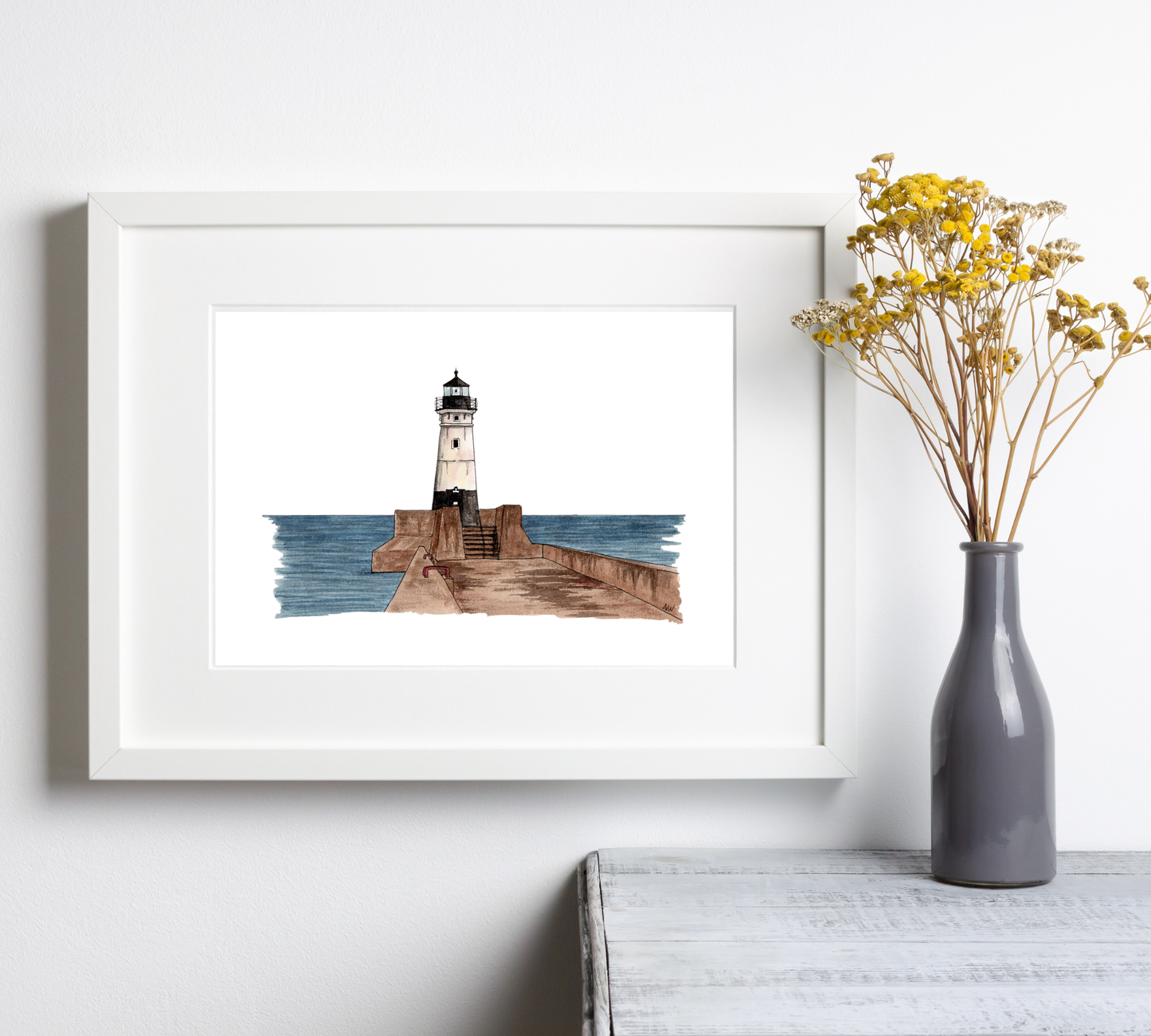 Duluth Lighthouse Illustration - Pen and Watercolor Art - Archival Quality Art Print: 8x10 inches