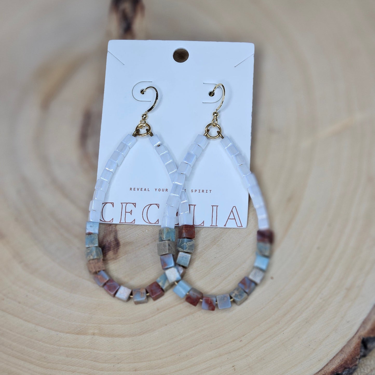Jasper and White Beaded Half and Half Teardrop Earrings