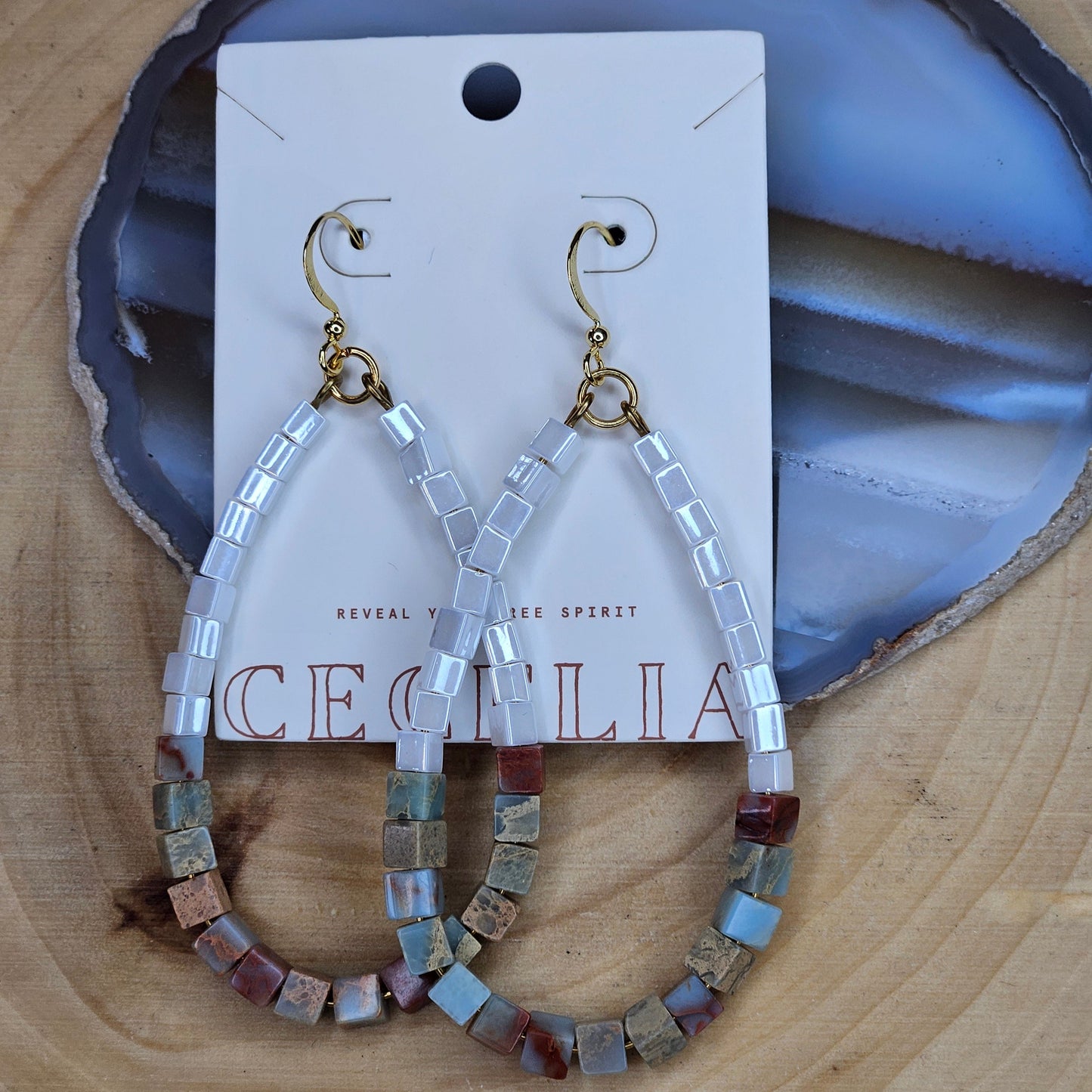 Jasper and White Beaded Half and Half Teardrop Earrings