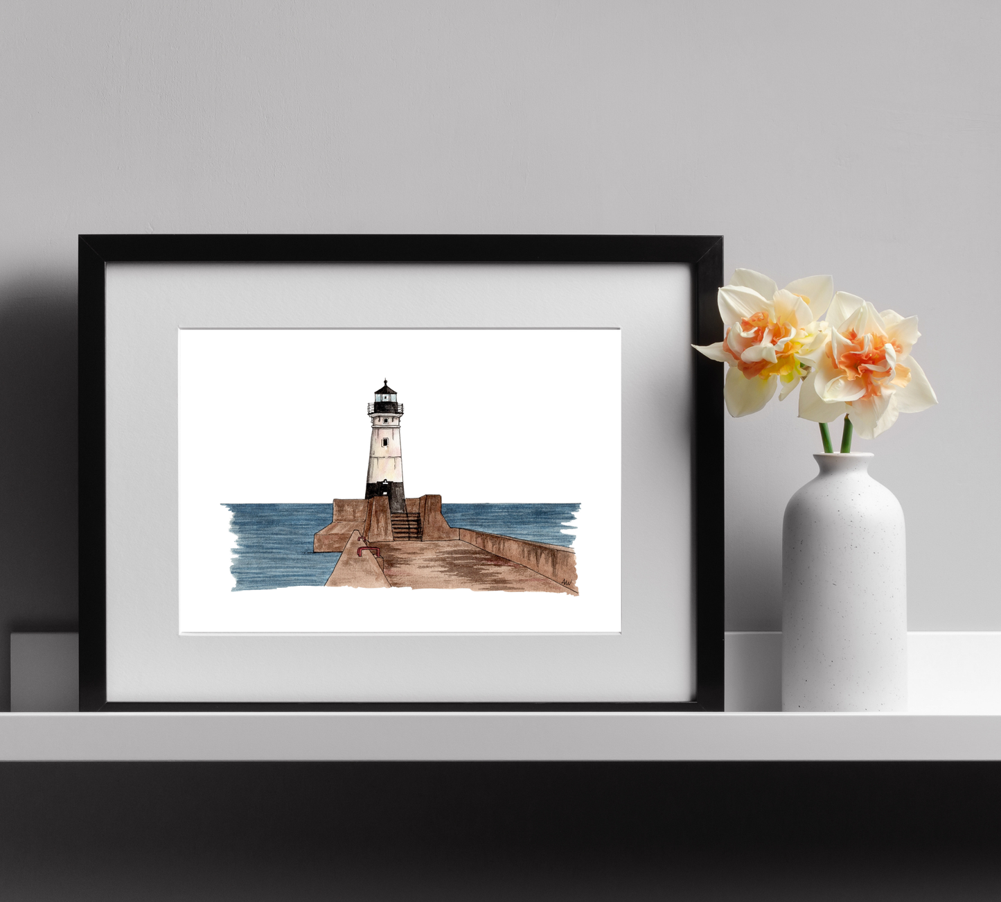 Duluth Lighthouse Illustration - Pen and Watercolor Art - Archival Quality Art Print: 8x10 inches