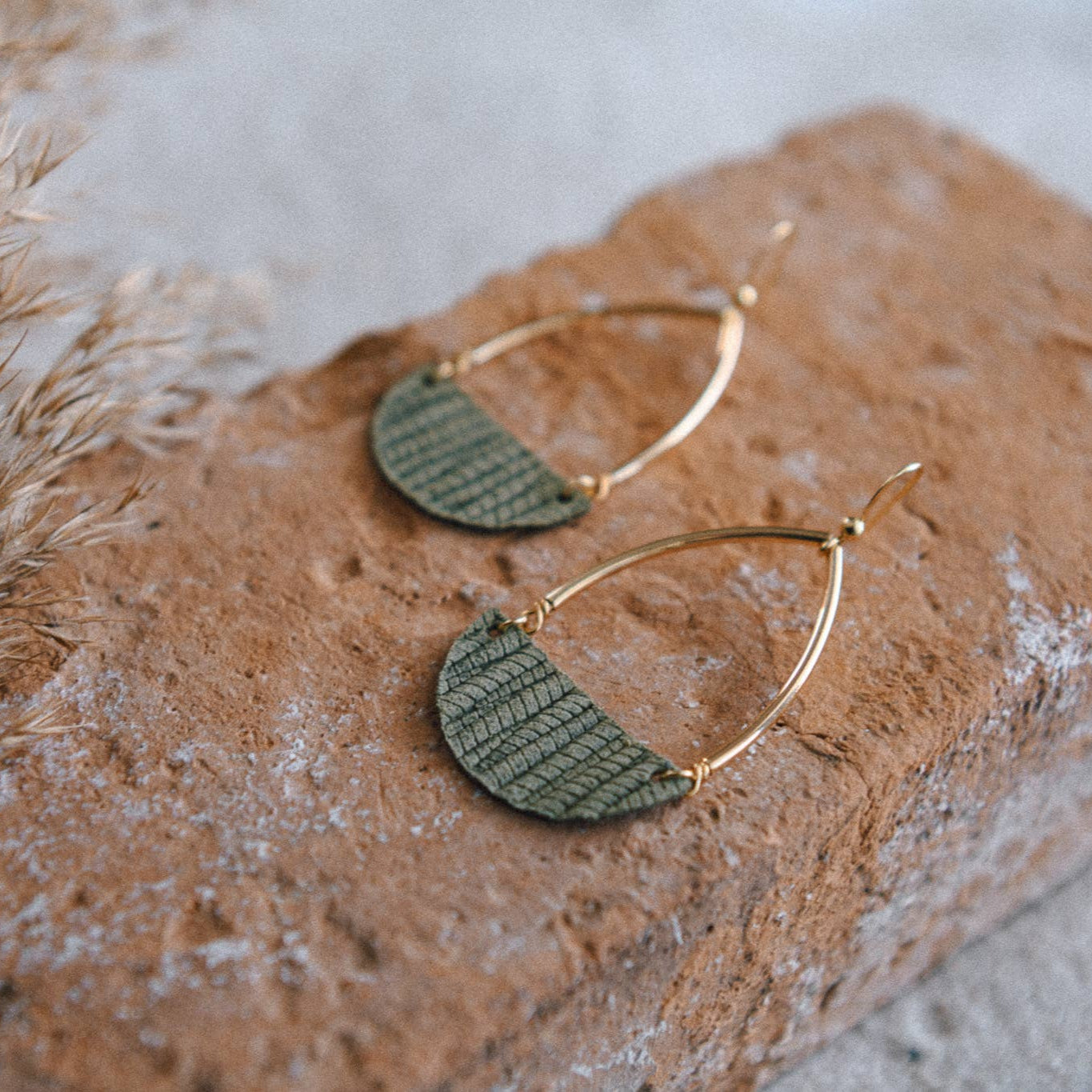 Gold Plated Teardrop and Half Moon Leather Earrings : Sage