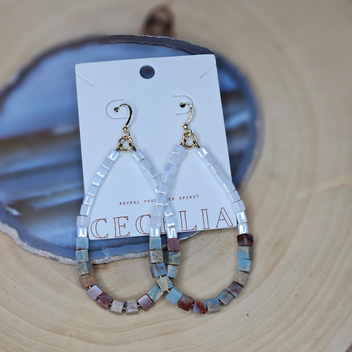 Jasper and White Beaded Half and Half Teardrop Earrings
