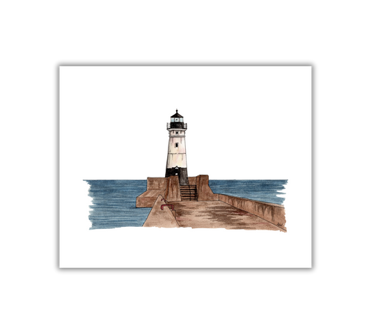 Duluth Lighthouse Illustration - Pen and Watercolor Art - Archival Quality Art Print: 8x10 inches