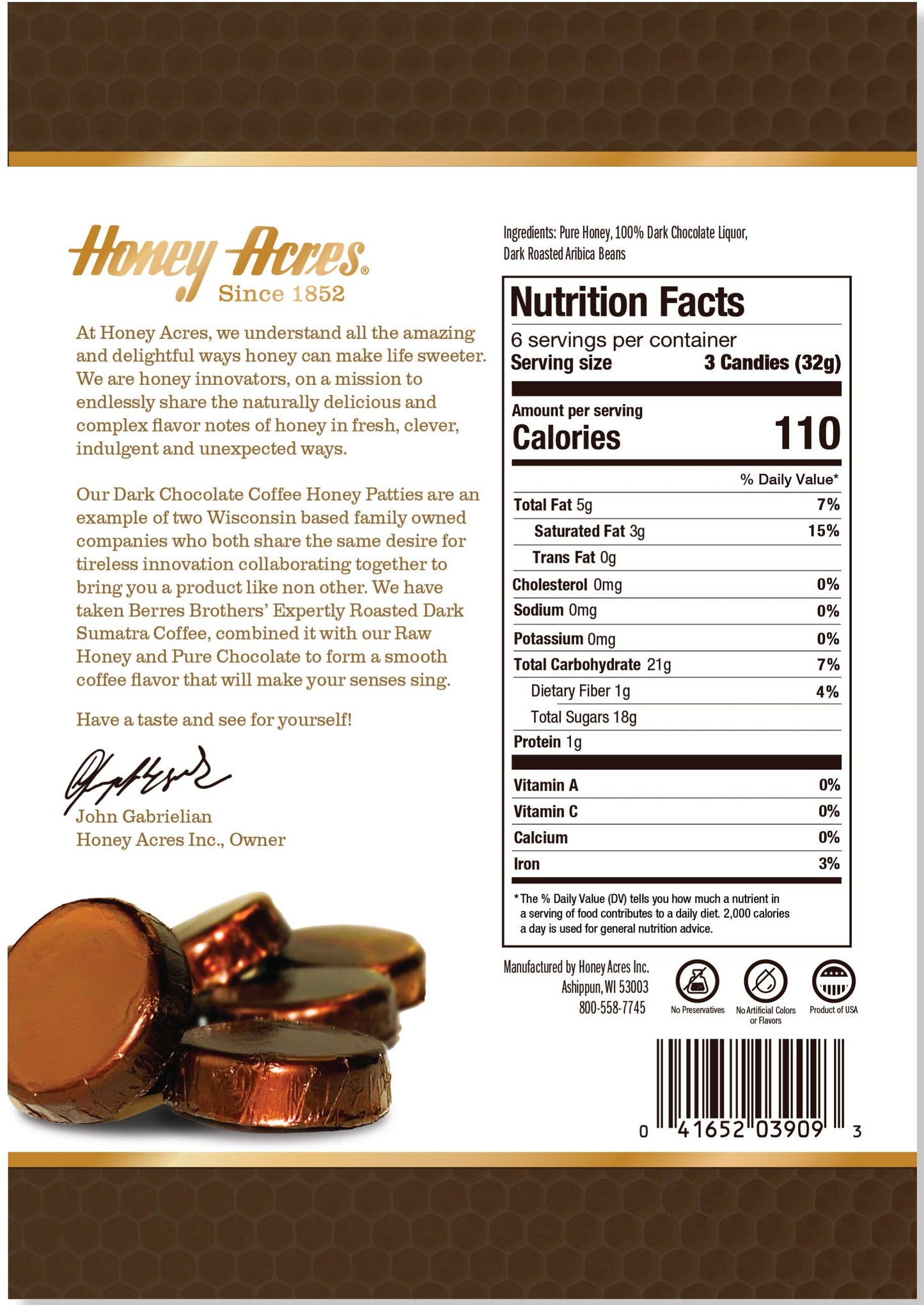 Dark Chocolate Coffee Honey Patties: 4.4oz Bag