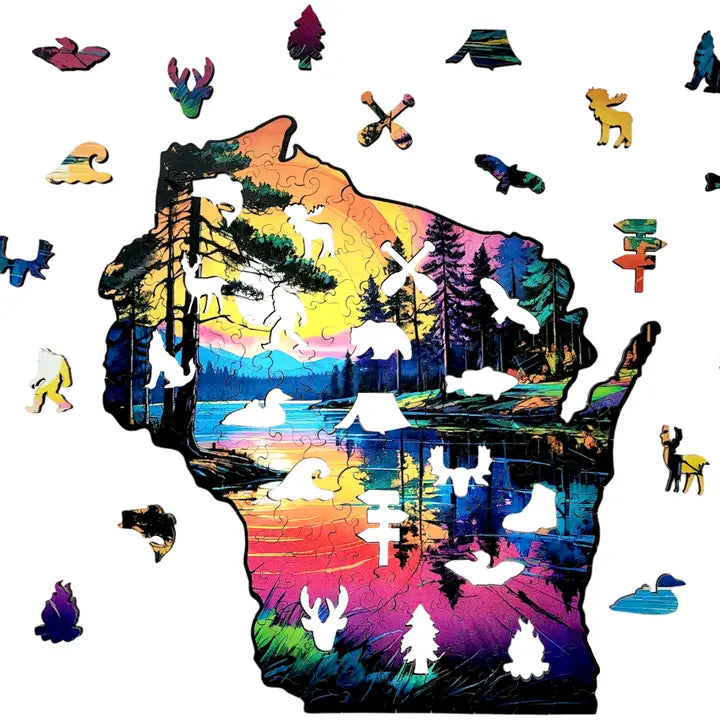 WI State Shape Sunset Wooden Jigsaw Puzzle: 150 Pieces