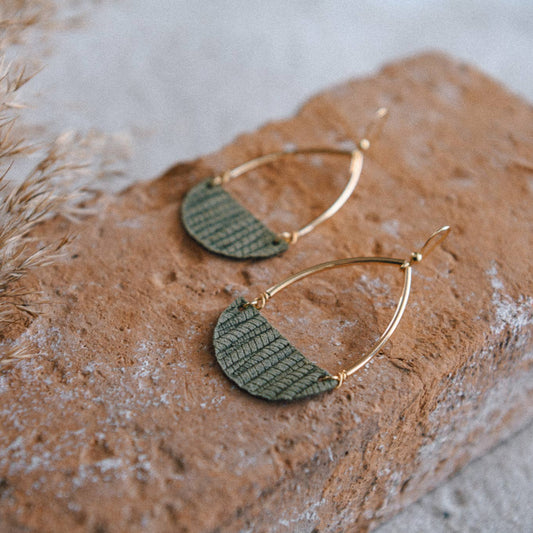 Gold Plated Teardrop and Half Moon Leather Earrings: Sage