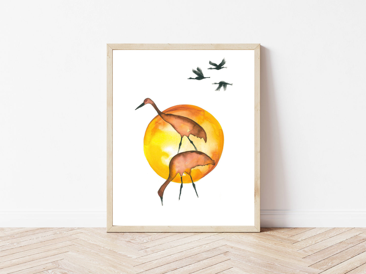 Cranes at Sunset - Watercolor Print: 8x10