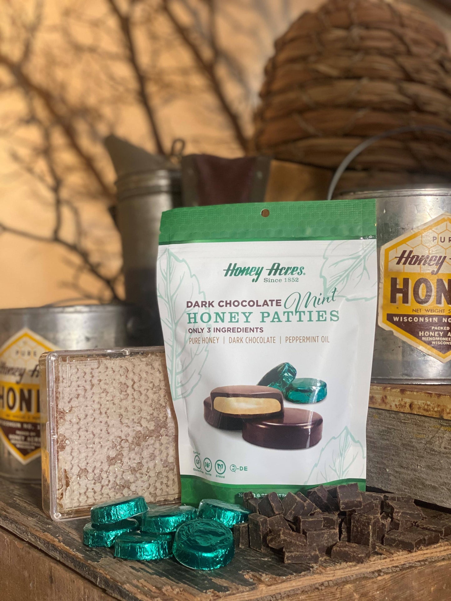 Dark Chocolate Mint Honey Patties: 4.4oz Bag