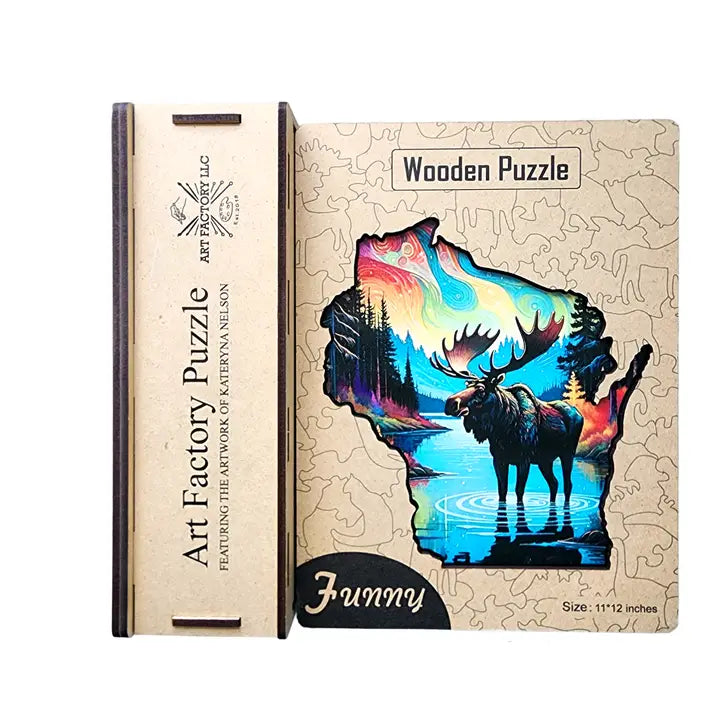 WI State Shape Moose Wooden Jigsaw Puzzle: 150 Pieces