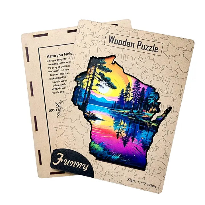 WI State Shape Sunset Wooden Jigsaw Puzzle: 150 Pieces